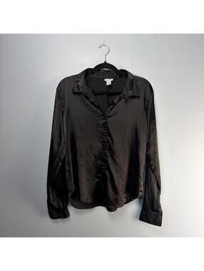rue21 Black Satin Ruffle Blouse Top Size L Y2K Going Out Dressy